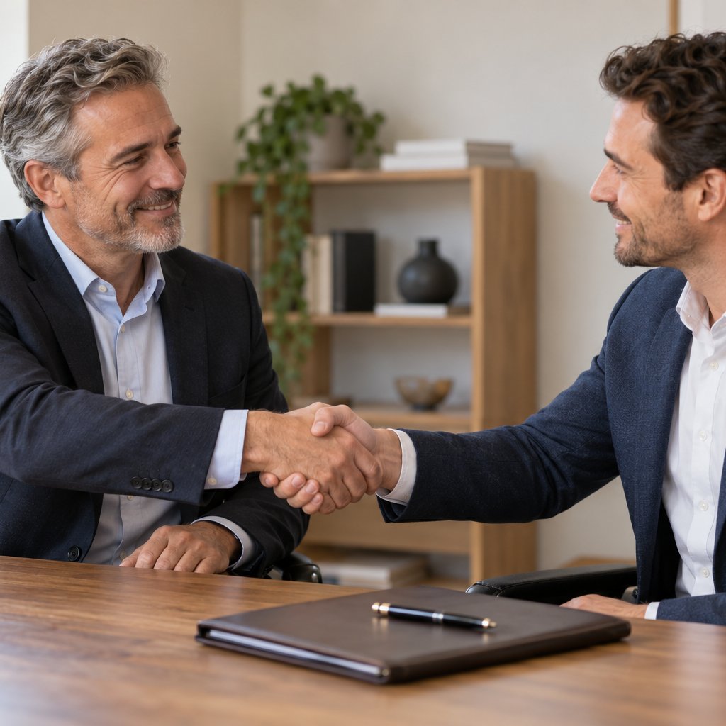 Business owner and advisor shaking hands across a desk